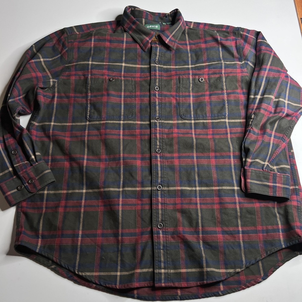 Orvis Mens XXL Flannel Shirt Long Sleeve Plaid Button Down Green Red Blue
